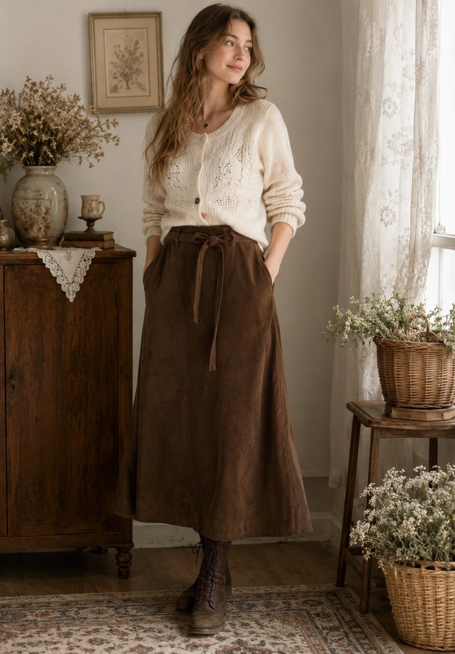 Intuitions Vintage Brown Suede A-Line Midi Skirt XS Tie Waist